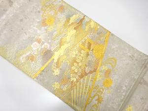 アンティーク　金彩扇に屋敷風景・草花模様袋帯（材料）